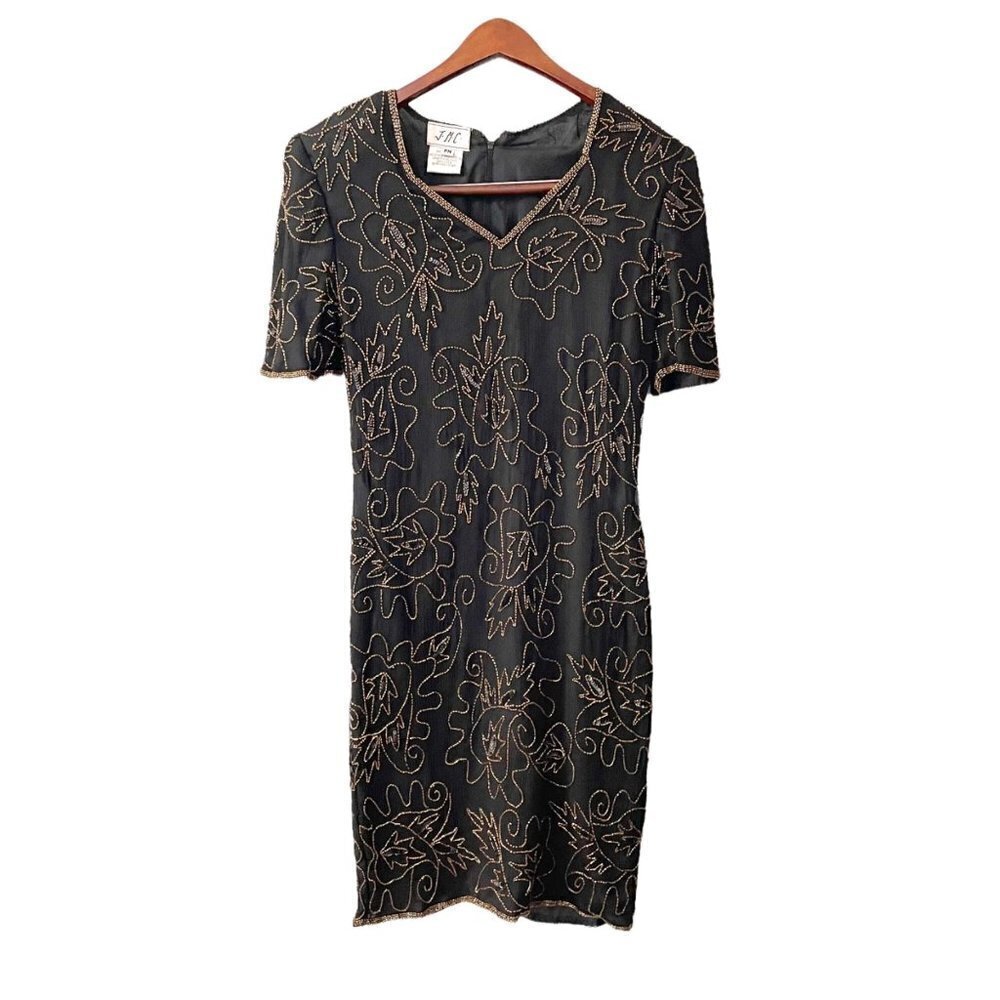Vintage J.M.C. Black Silk Beaded Sequined V-Neck Cocktail Dress Women's Size PM